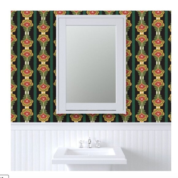 Spoonflower x Dani Dazey Pinstripe Plant - Gold, Green Red Non Pasted Wallpaper - Picture 4 of 6